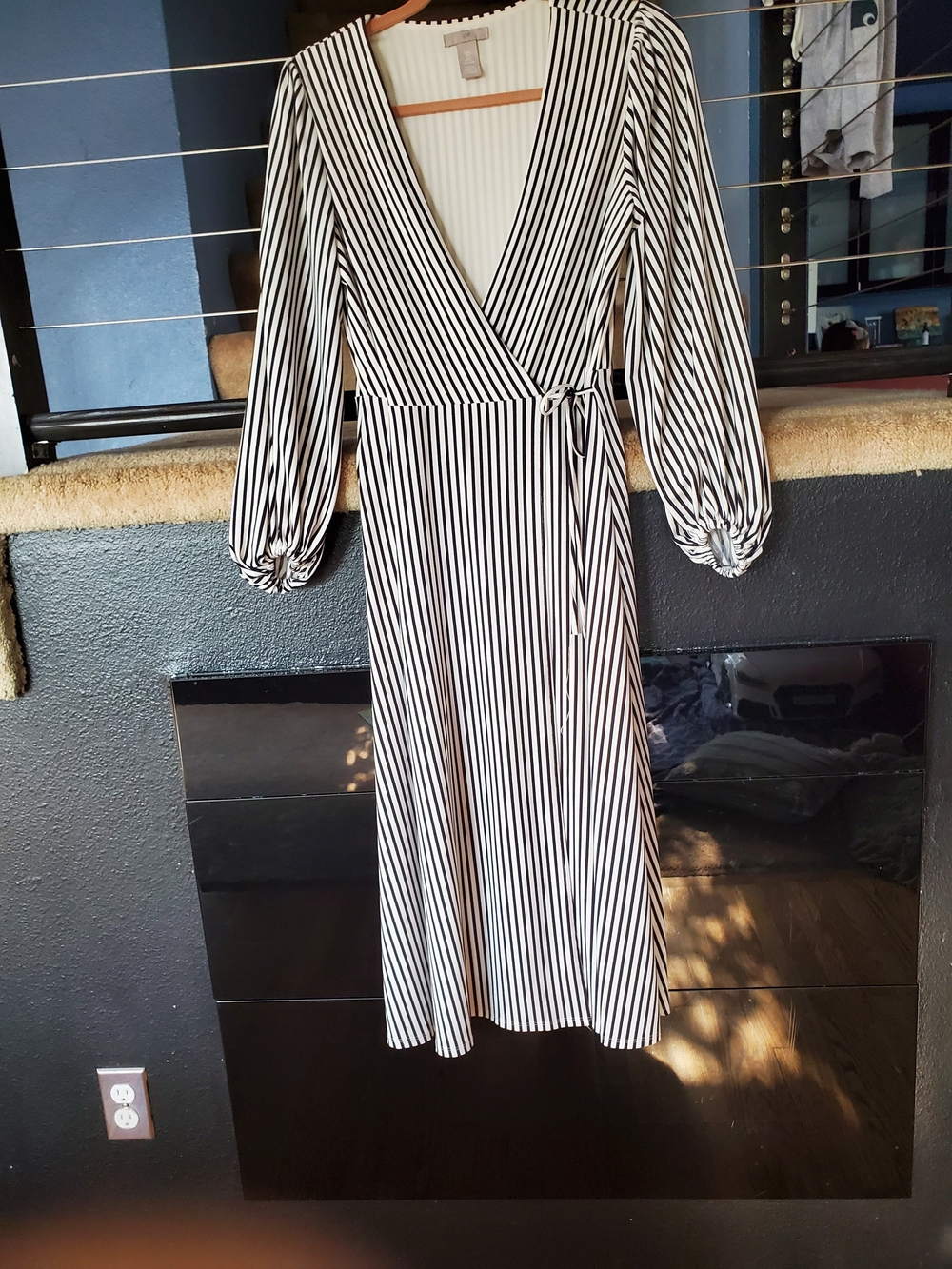 H&M Black and White Striped Wrap Midi Dress with Balloon Sleeves